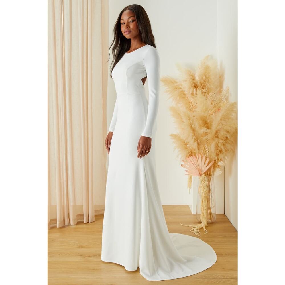 Lulu's Elegant White Long-Sleeve Bridal Gown